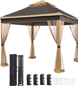 Yaheetech 11x11 Pop Up Gazebo Outdoor Canopy Shelter, Instant Patio Gazebo Sun Shade Canopy Tent with 4 Sandbags, 2 Tiers Roof & Mesh Netting for Lawn, Garden, Backyard & Deck, Brown